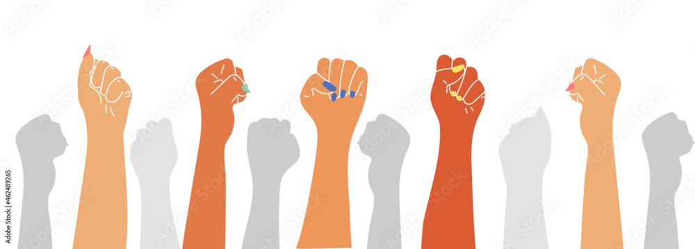 Feminism protests for female rights. Women hand fists on white background. Feminists symbol of power, strength and equality, vector Feminism protests for female rights. Women hand fists on white background. Feminists symbol of power, strength and equality, vector
