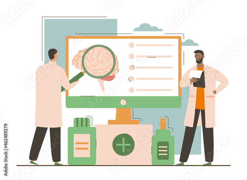 Doctors do MRI scans. Brain research, scientific experiments. Magnetic resonance imaging technology. Tomography, radiology laboratory. Cartoon flat vector illustration isolated on white background