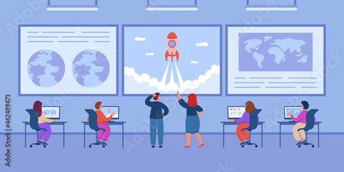 People watching cosmic launch of satellite or ship inside command center. Orbital space flight mission control center room flat vector illustration. Space and surveillance concept