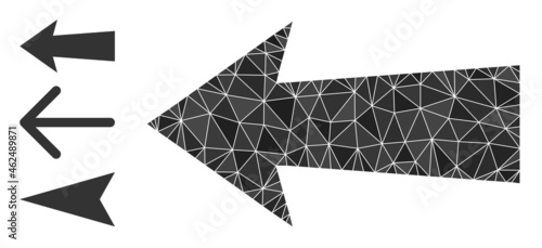 lowpoly arrow left icon, and other icons. Polygonal arrow left vector is filled of scattered triangles. Flat geometric lowpoly illustration is based on arrow left icon.