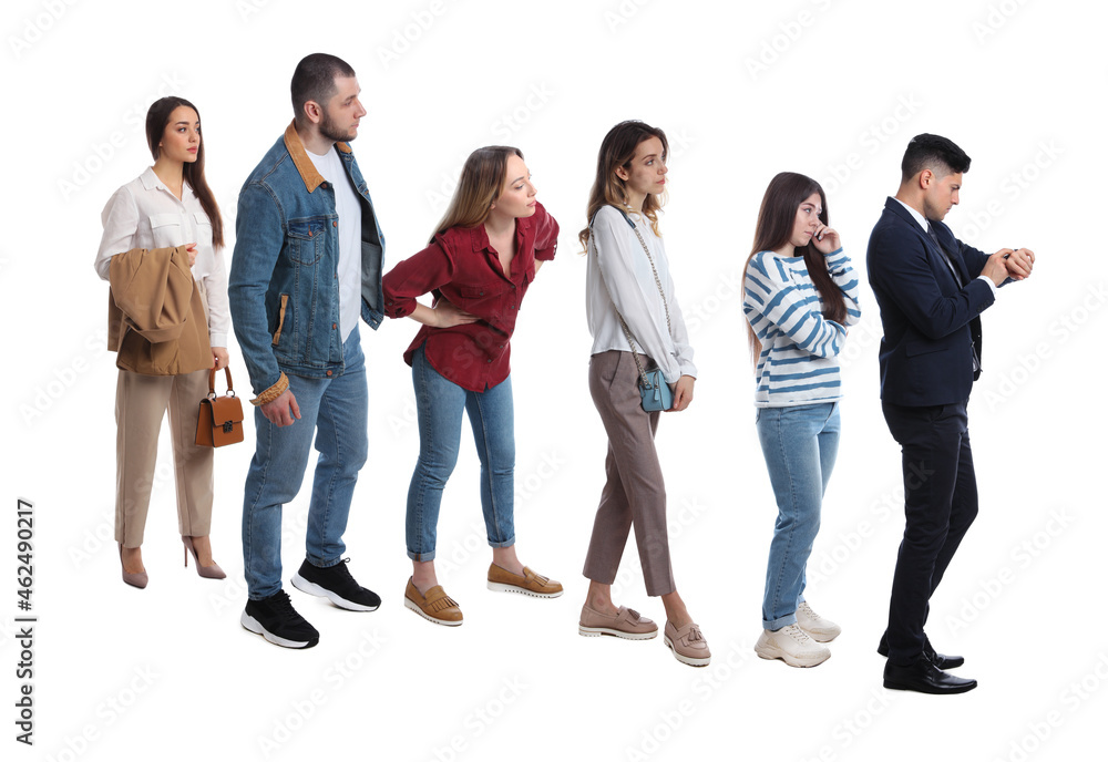People waiting in queue on white background People waiting in queue on white background