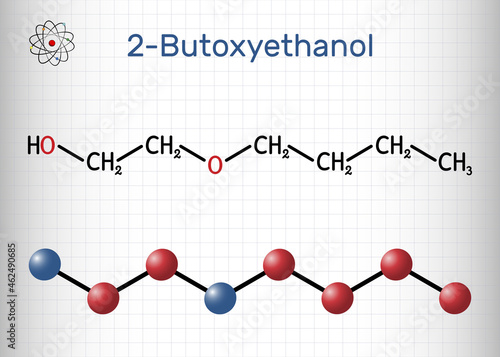 2-Butoxyethanol, butoxyethanol molecule. It is primary alcohol and ether. Used as a solvent and to make paints and varnish. Structural chemical formula and molecule model. Sheet of paper in a cage