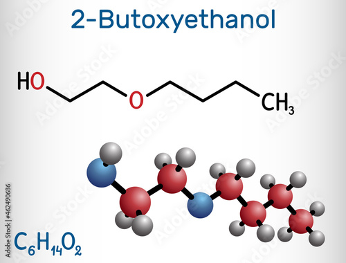 2-Butoxyethanol, butoxyethanol molecule. It is primary alcohol and ether. Used as a solvent and to make paints and varnish. Structural chemical formula and molecule model