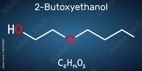 2-Butoxyethanol, butoxyethanol molecule. It is primary alcohol and ether. Used as a solvent and to make paints and varnish. Structural chemical formula and molecule model