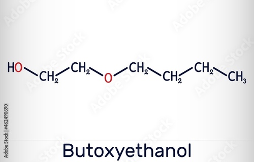 2-Butoxyethanol, butoxyethanol molecule. It is primary alcohol and ether. Used as a solvent and to make paints and varnish. Skeletal chemical formula. Vector illustration