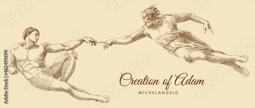 Sketch of Michelangelo's famous fresco "Creation of Adam", hand-drawn.