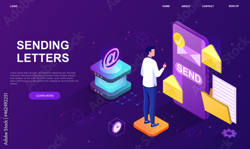 Man sending letters. Mail directly to your smartphone. Business correspondence. New incoming email message, graphic element for website. Cartoon 3d vector illustration isolated on violet background