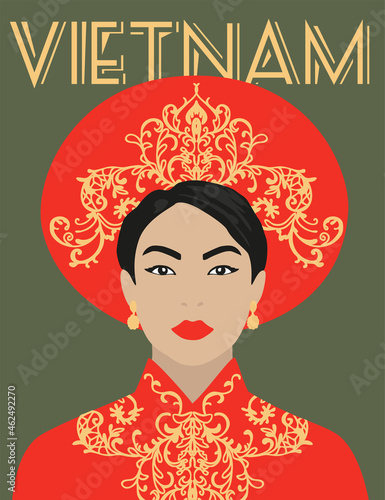 Vector portrait of a Vietnam woman in festive national clothes.Illustration in a flat style.
