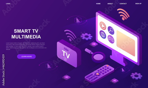 Smart tv multimedia. Modern technologies, new devices. Television set with remote control and mediaplayer box. Widescreen display. Cartoon 3d vector illustration isolated on violet background