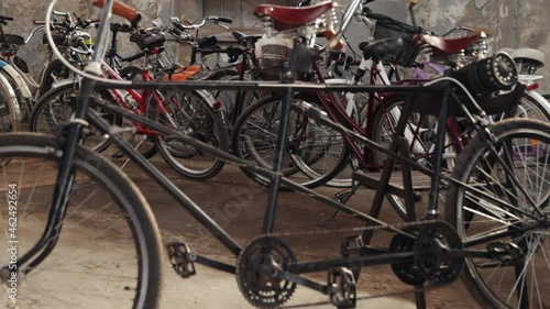 Retro bicycle, draisine. Racing velocipede. Two-seater bicycle. Tandem bike photo