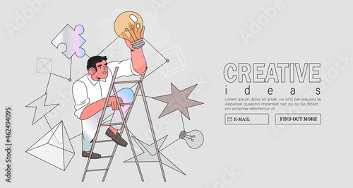 Business vision. Concept career growth. Career, start up, take-off on the career ladder. Vector illustration for web landing page, social media. Businessman steps onto ladder and turn on light bulb.