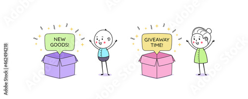 Opening box with bubble message and text New Goods and Giveaway Time. Cartoon doodle man and woman. Festive giveaway, quiz time, give gift and contest in social media. Vector illustration