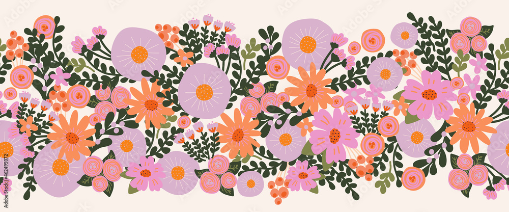 Seamless flower vector border hand drawn. Decorative repeating floral  horizontal pattern design purple pink orange flowers. Beautiful floral  banner for decor, ribbons, footer, fabric trim. Stock Vector
