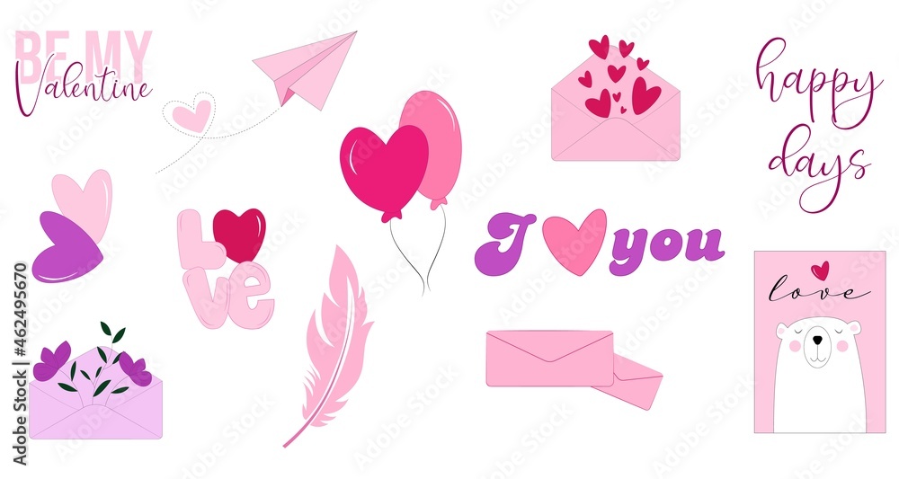 Set of valentines stickers. St valentines day stickers collection on white background. Be my valentine, love, hearts text. Romantic ellements Set of valentines stickers. St valentines day stickers collection on white background. Be my valentine, love, hearts text. Romantic ellements