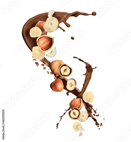 Pieces of tasty hazelnuts and delicious melted chocolate flying on white background