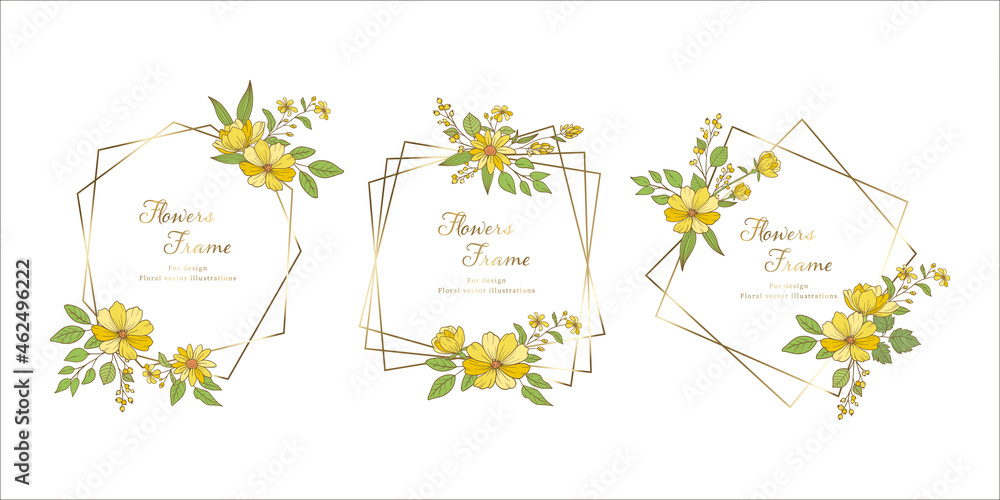 黄色い花と金色の装飾フレーム　3点セット