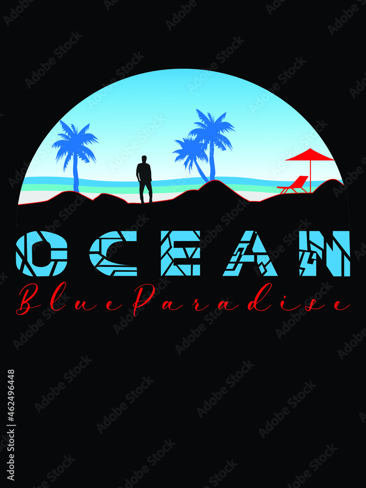 Ocean blue paradise -vector illustration for t-shirt and other print production. Palm trees, beach and sky vector illustration.