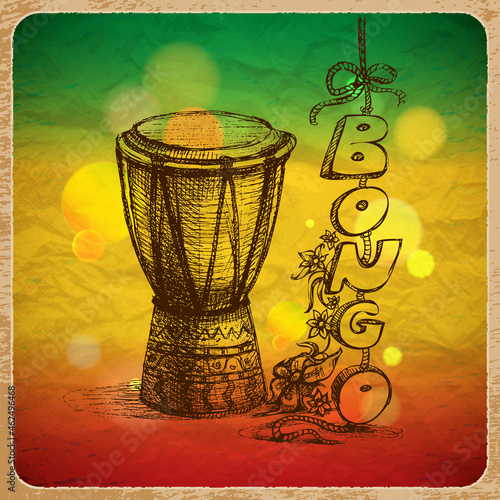 Hand Drawn Bongo Drum with "Bongo" Letters on Rasta Flag Background. Vector Illustration.