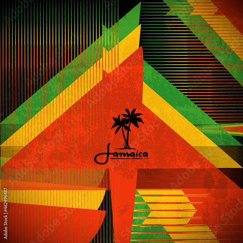 Rasta Banner with Jamaica Palms Black Logo. Green, Yellow, Red Colors of Rastafarian Flag Background. Vector Illustration. photo