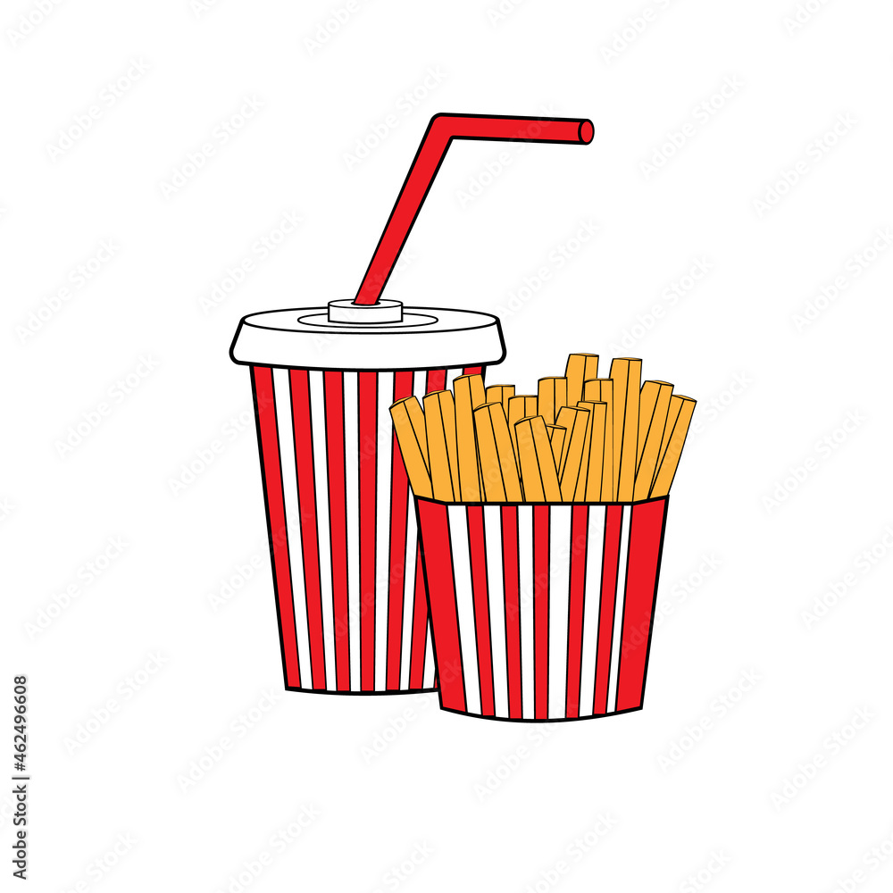 French fries on a striped red white paper box, a disposable soft drink cup with a straw and a lid