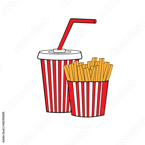 Obraz na płótnie French fries on a striped red white paper box, a disposable soft drink cup with a straw and a lid w salonie