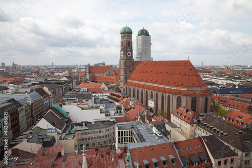 Aerial view of Cathedral of Our Dear Lady or Frauenkirche from new city hall, Munich, Bavaria, Germany.