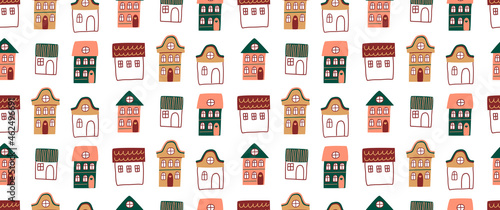 Seamless pattern of cute vector houses. Children's print. Template for use in children's design, textiles, books, packaging. Funny vector illustration on white isolated background.