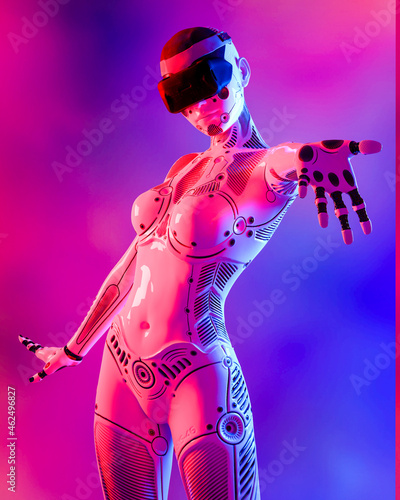 Woman robot in virtual reality glasses.