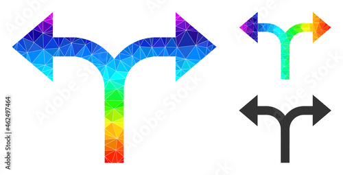 Low-poly bifurcation arrows left right icon with spectral gradient. Rainbow colorful polygonal bifurcation arrows left right vector constructed from scattered colorful triangles.