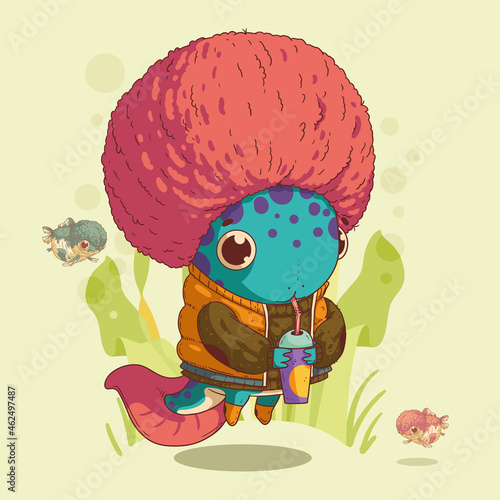 Cute axolotl kid with a pink afro haircut. Drinking soda at the ocean bottom among the algae and small fish