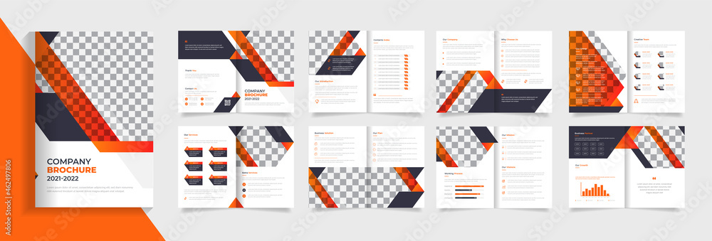 Creative corporate brochure design template with orange abstract shapes premium vector