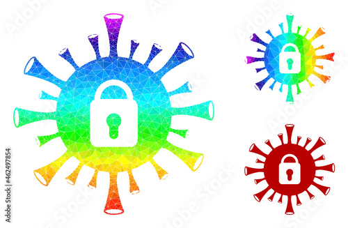 Low-poly coronavirus lockdown icon with rainbow vibrant. Spectral colored polygonal coronavirus lockdown vector designed from scattered vibrant triangles.