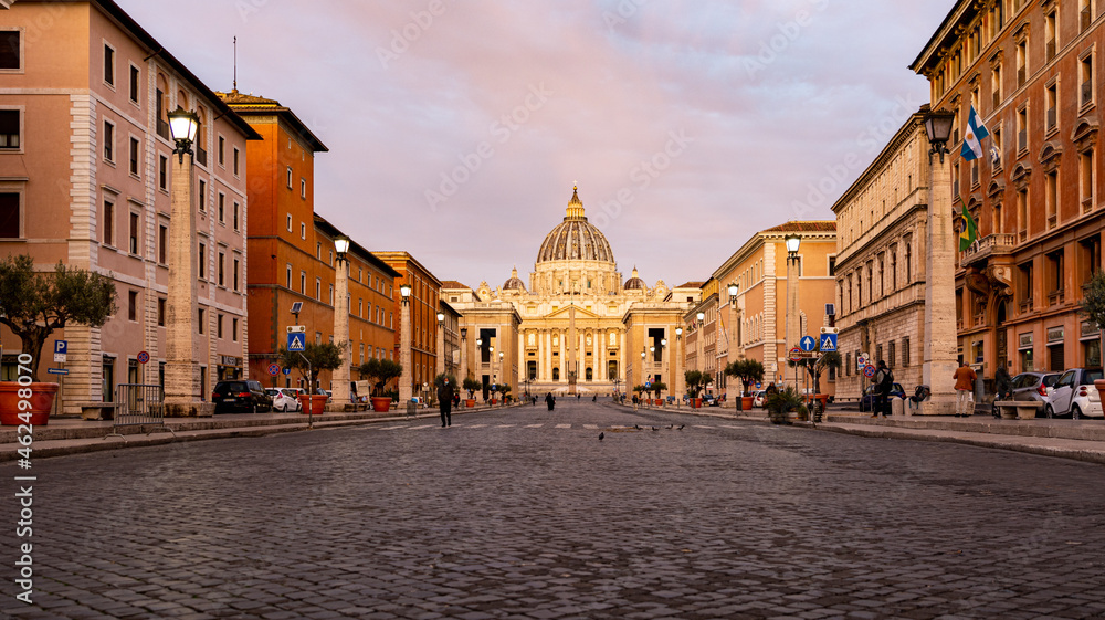 Idyllic Morning view of St. Peter's Basilica from the Via Della Conciliazione in Rome, Italy