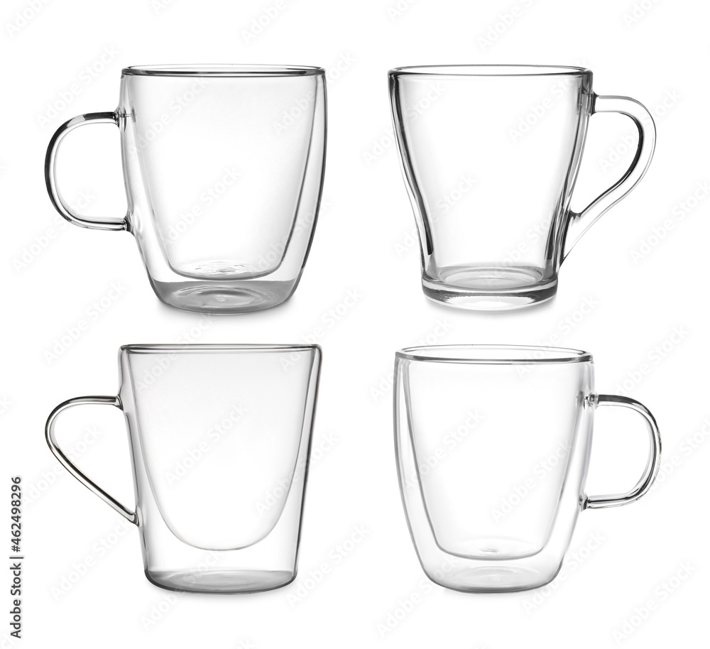 Set with different empty glass coffee cups on white background Set with different empty glass coffee cups on white background