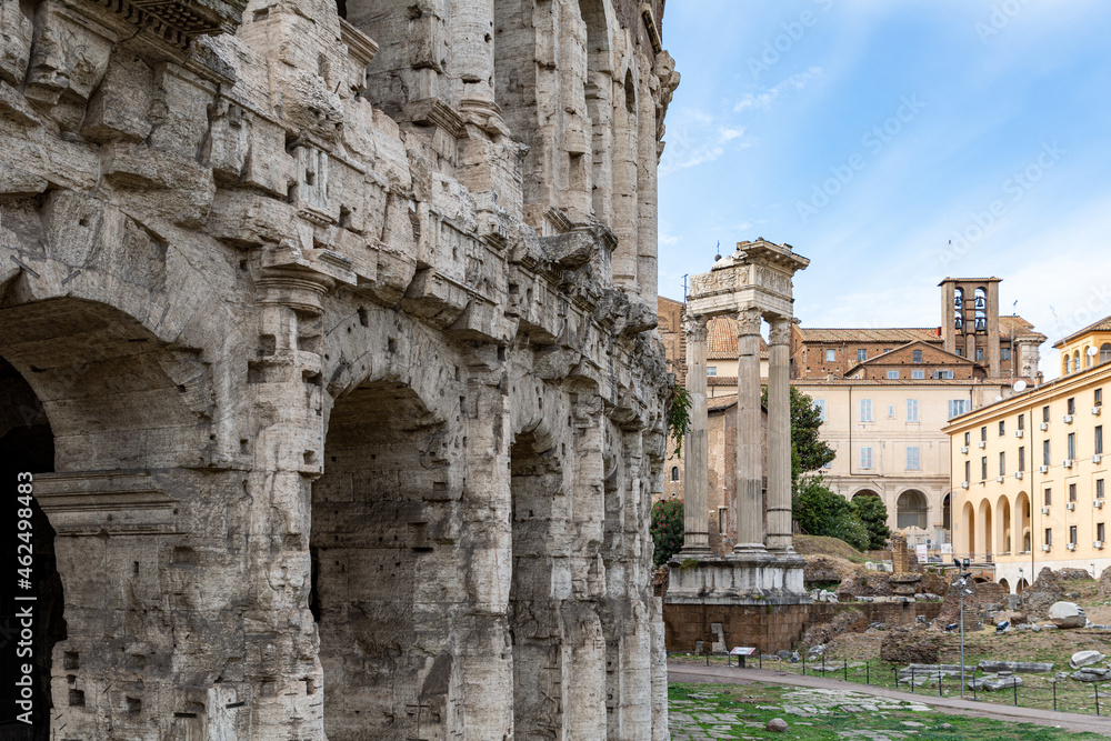 Ruins of the ancient Roman theater of Marcellus and the temple of Apollo Sosianus in Rome
