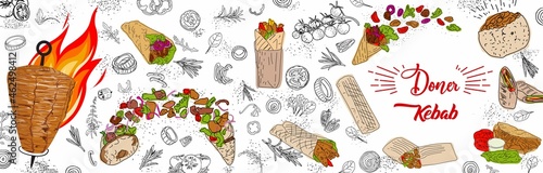 Shawarma cooking and ingredients for kebab. Doner kebab hand drawn. Middle eastern food. Fast food menu design elements. Restaurant cafe menu, template design. Food flyer. Vector.