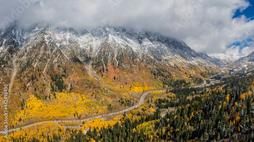 Fall mountain landscape with snow on peaks