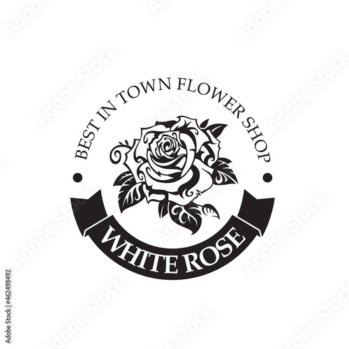 emblem of white rose bud for flower shop isolated on white background