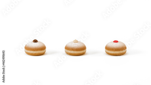 Traditional donuts 'sufganiyah' isolated on white background, front view.Hanukkah fresh bakery doughnut. Polish, Croatian pastry donut with jam, chocolate, vanilla toppings, Hanukkah dessert.