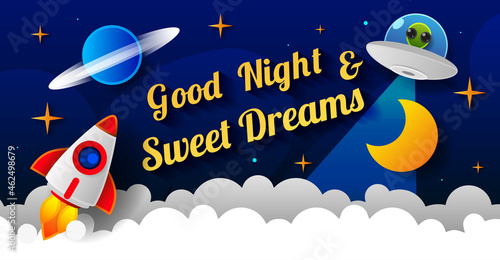 Vector illustration of wish good night on dark green sky background with moon. Art design for web, site, advertising, banner, poster, flyer, brochure, board, card