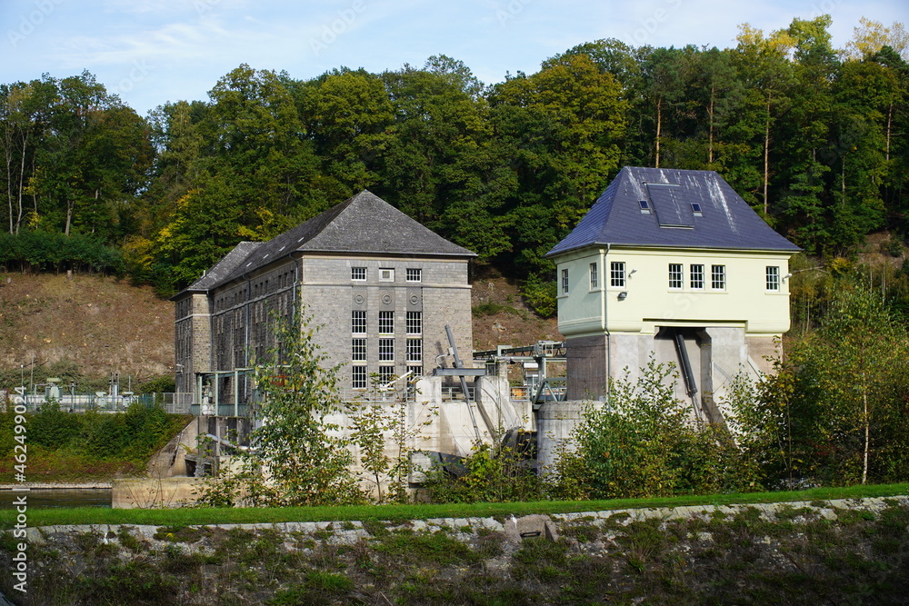 The run-of-river power plant of the Werra river near the city Hannoversch Münden was built between 1921 and 1924. Hann. Münden, Lower Saxony, Germany. The run-of-river power plant of the Werra river near the city Hannoversch Münden was built between 1921 and 1924. Hann. Münden, Lower Saxony, Germany.