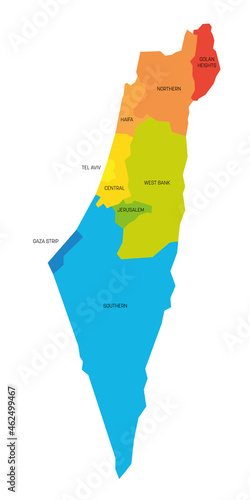 Colorful political map of Israel. Administrative divisions - districts and three special territories - Gaza Strip, West Bank and Golan Heights. Simple flat vector map with labels.