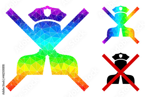 Low-poly cancel policeman icon with spectrum gradient. Rainbow vibrant polygonal cancel policeman vector is combined with chaotic bright triangles.