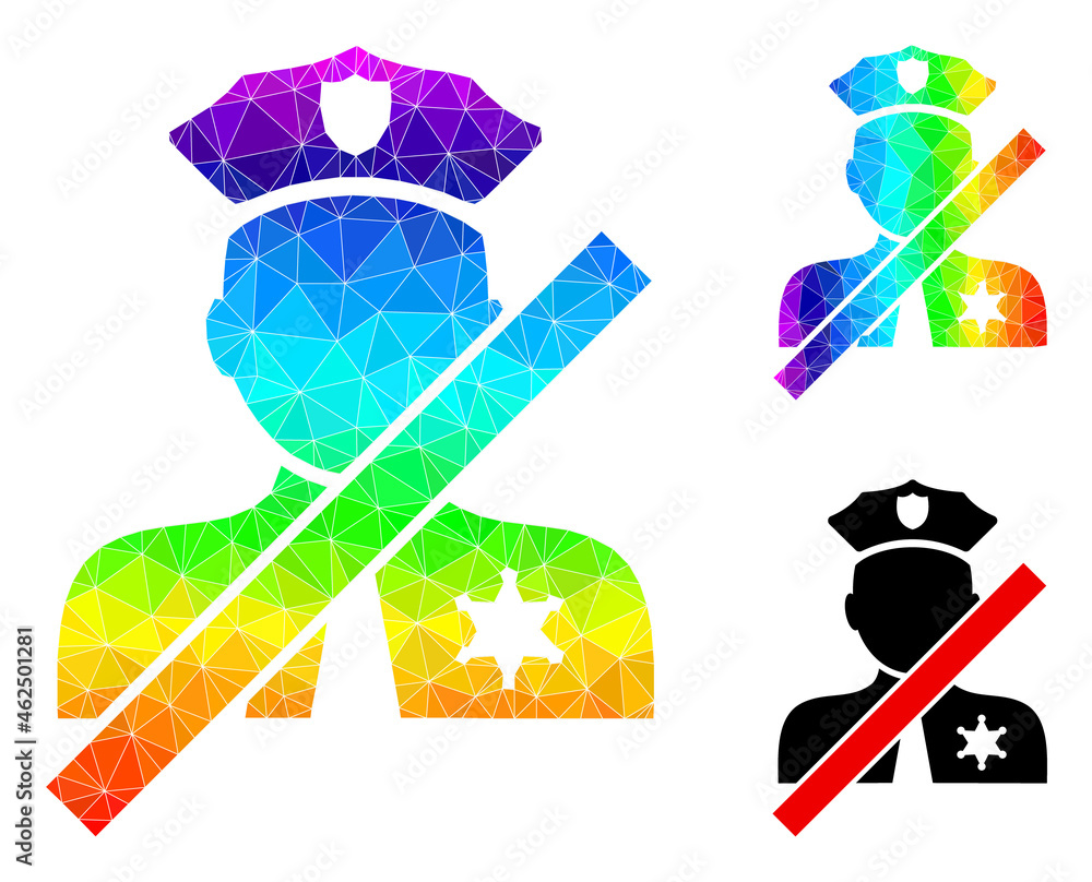 Low-poly closed police officer icon with spectrum colored. Spectrum colored polygonal closed police officer vector is designed with scattered colorful triangles. Low-poly closed police officer icon with spectrum colored. Spectrum colored polygonal closed police officer vector is designed with scattered colorful triangles.