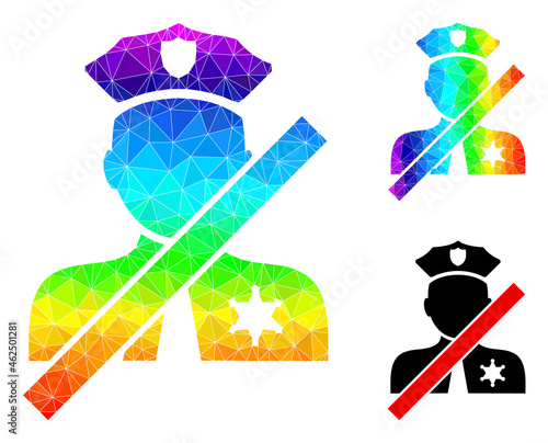 Low-poly closed police officer icon with spectrum colored. Spectrum colored polygonal closed police officer vector is designed with scattered colorful triangles.