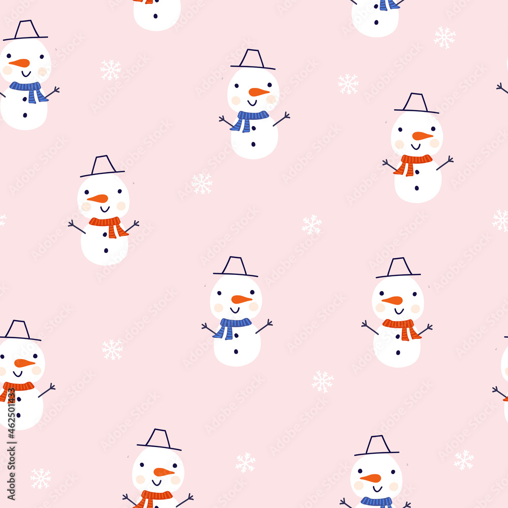 Snowman seamless vector pattern with cute snowmen, snowflakes on pink. Winter holidays repeating background flat Scandinavian style. For kids fabric, wrapping paper, Christmas decor.