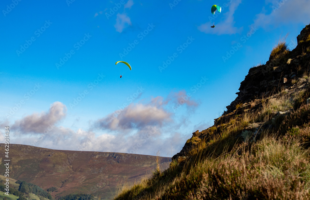 View from Mam Tor in Peak District in UK, Paragliding in sunny day autumn 2021. View from Mam Tor in Peak District in UK, Paragliding in sunny day autumn 2021.