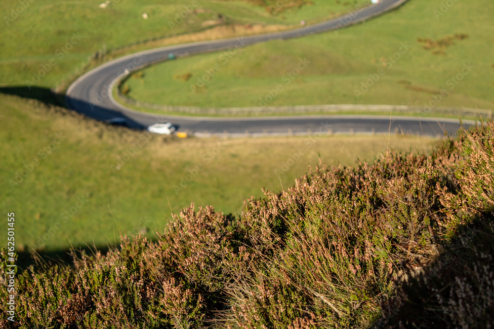 View road from hill Mam Tor in National Park Peak Distrcit in UK, autumn 2021.