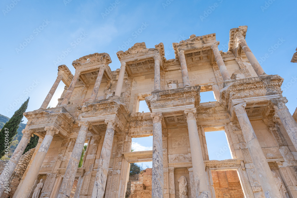 Ephesus Library of Celsus close-up detail view in the ancient city of Ephesus, Turkey. Ephesus is a UNESCO World Heritage site.