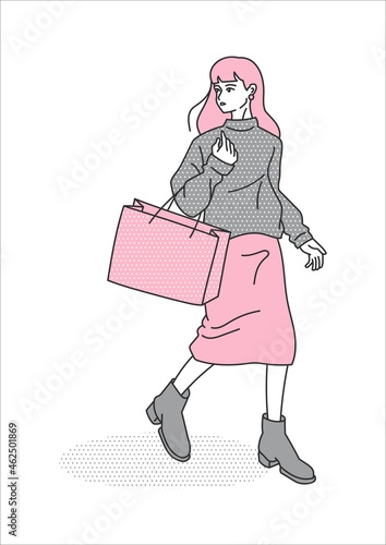 紙袋を持ってショッピングする女性の全身イラスト　ピンク
